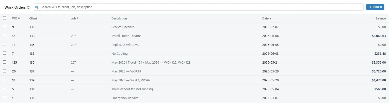 Billwright list of completed work orders with work order number, client, job, description, date and balance