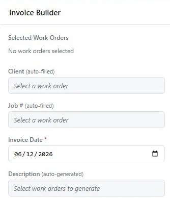 Billwright invoice builder with the client, job, invoice date and description fields