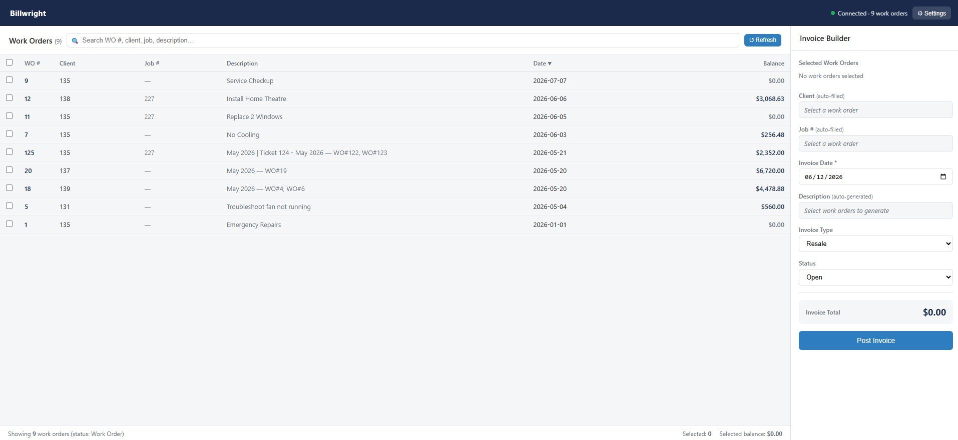 Billwright work orders to invoice builder