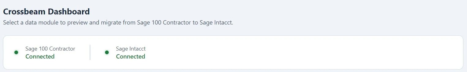 Crossbeam dashboard header showing Sage 100 Contractor and Sage Intacct both connected