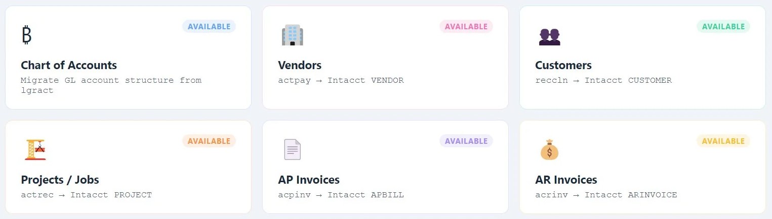 Crossbeam modules for chart of accounts, vendors, customers, projects and jobs, AP invoices and AR invoices