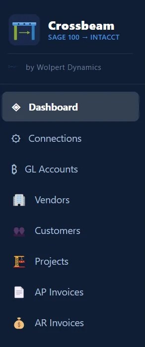 Crossbeam side menu listing connections, GL accounts, vendors, customers, projects, AP invoices and AR invoices