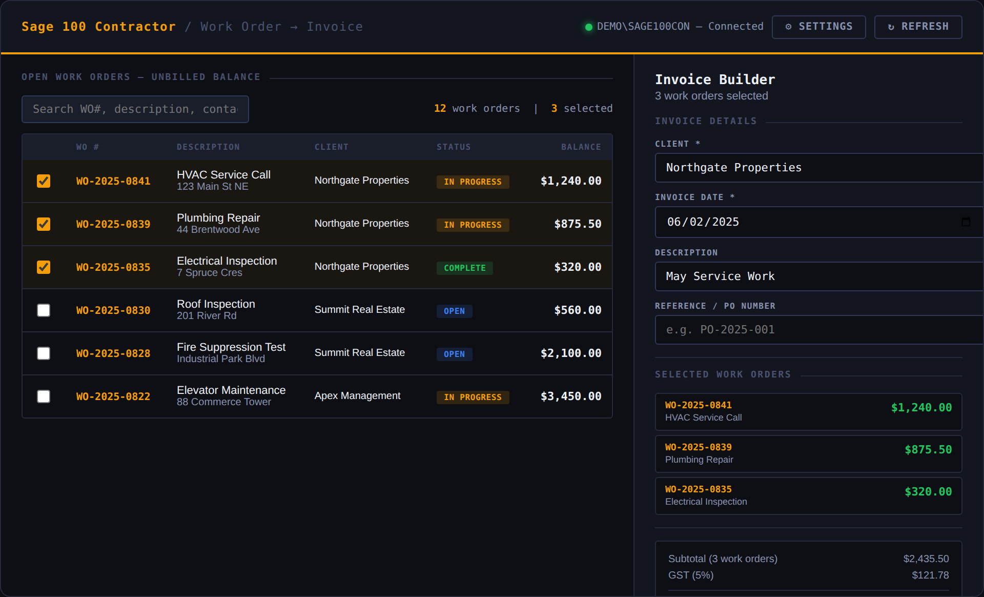 Invoice Flow — work orders to invoice builder