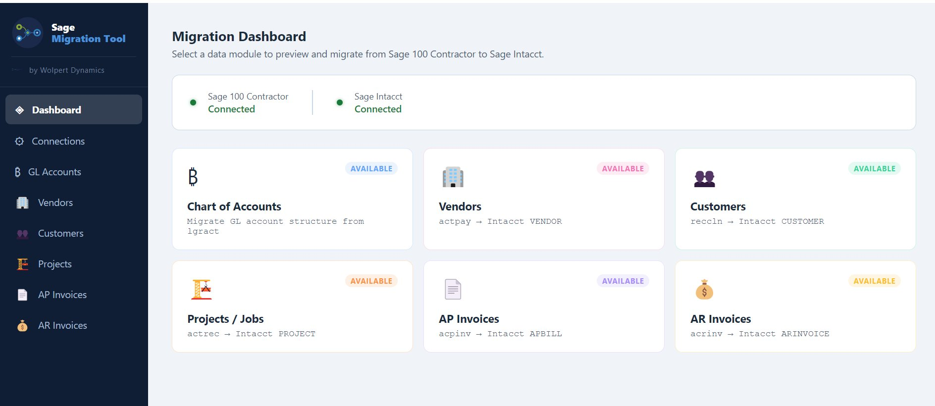 Sage Migration Tool — migration dashboard