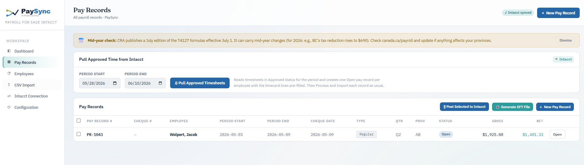 PaySync — pay records, EFT and post to Intacct
