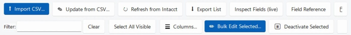 Intacct Workbench buttons for Import CSV, Update from CSV, Refresh from Intacct, Export List, Bulk Edit Selected and Deactivate Selected
