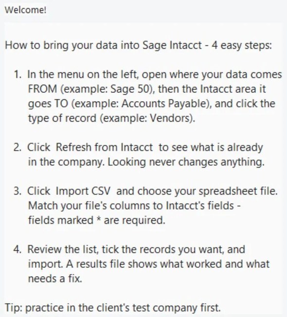 Intacct Workbench on-screen instructions for bringing data into Sage Intacct in four steps